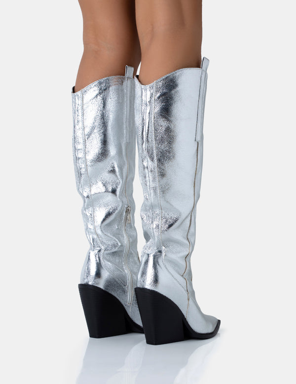 Public Desire Nevada Silver Metallic Wide Fit Western Block Heel Knee High Boots