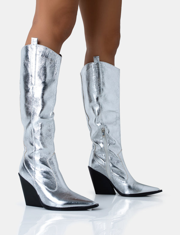 public desire Nevada Silver Metallic Wide Fit Western Block Heel Knee High Boots