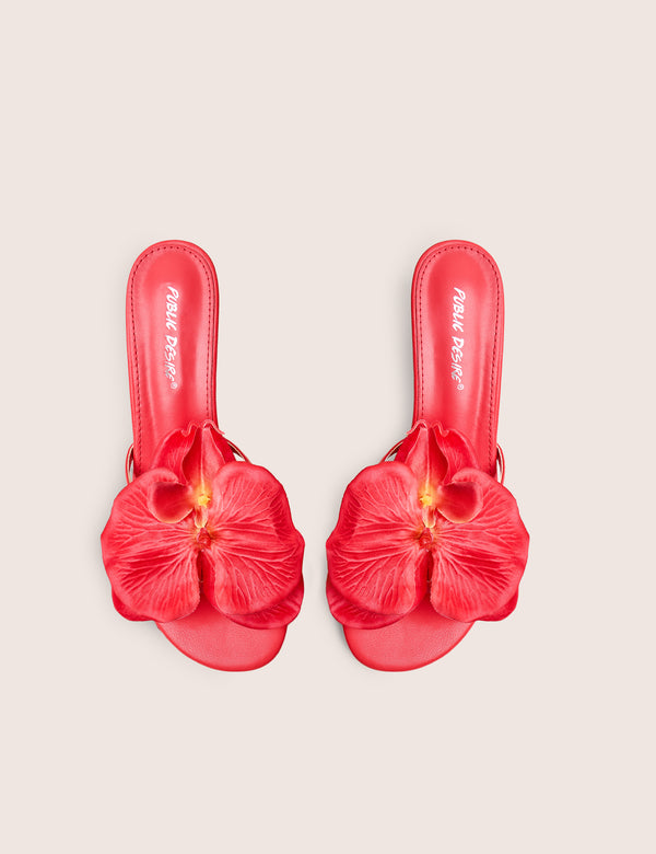 Public Desire Nikah Red Pu 3D Floral Mule Mid Heels