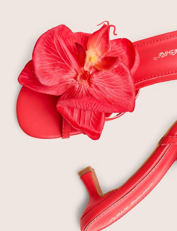 Public Desire Nikah Red Pu 3D Floral Mule Mid Heels