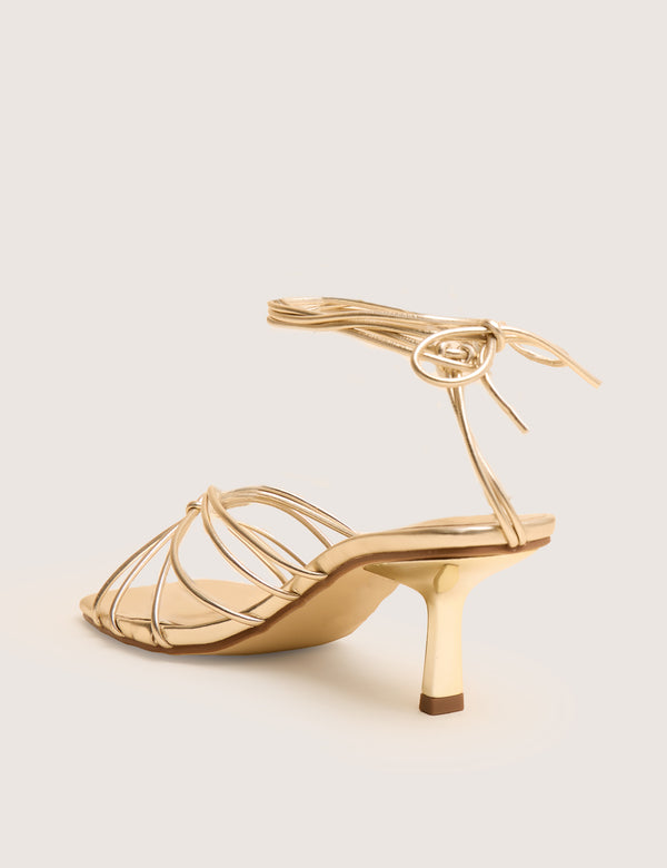 Public Desire Nora Gold Pu Lace Up Strappy Mid Heels