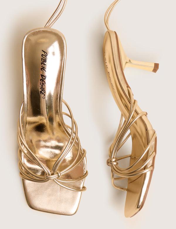 Public Desire Nora Wide Fit Gold Pu Lace Up Strappy Mid Heels