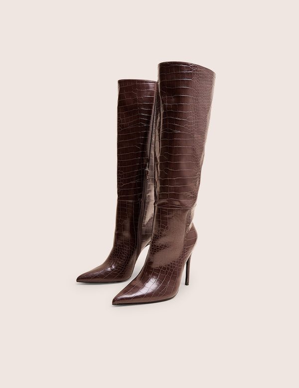 Public Desire Nova Chocolate Brown Croc Knee High Stiletto Boots