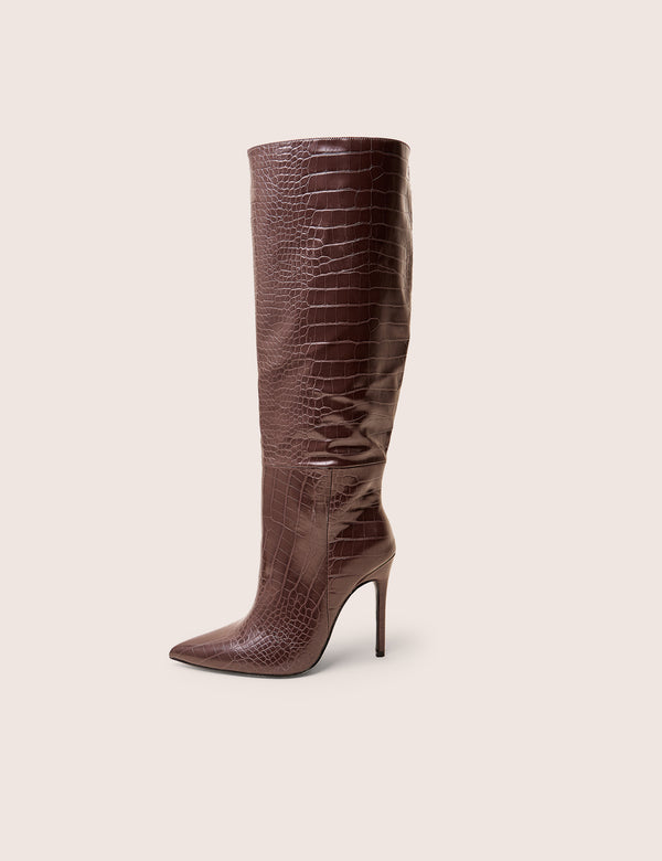 Public Desire Nova Chocolate Brown Croc Knee High Stiletto Boots