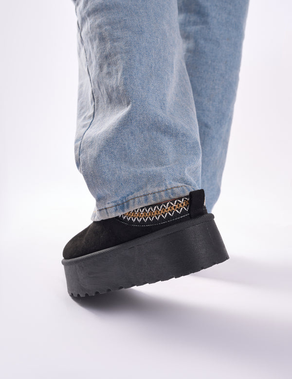 Public Desire Nutmeg Black Faux Fur Lined Platform Mules