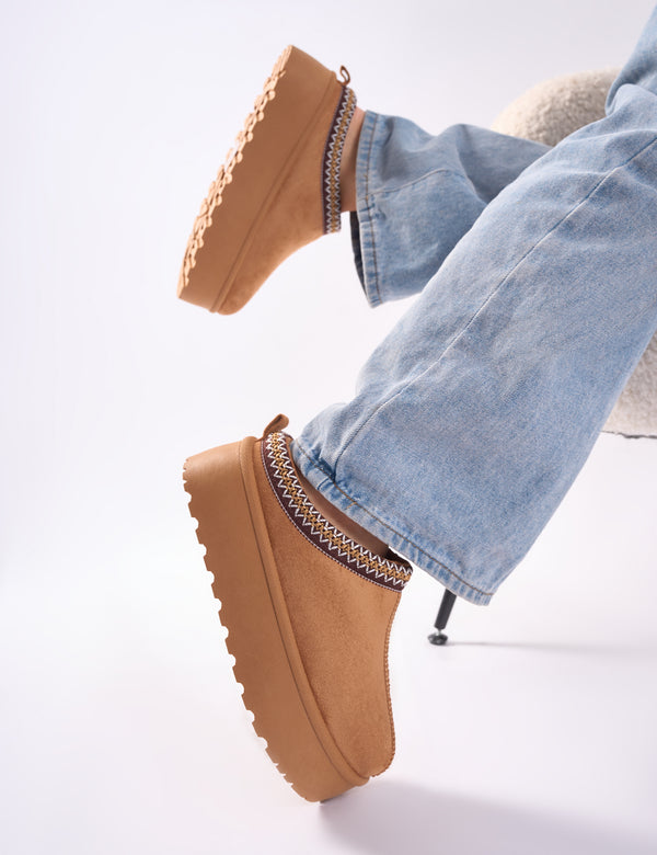 Public Desire Nutmeg Chestnut Faux Fur Lined Platform Mules