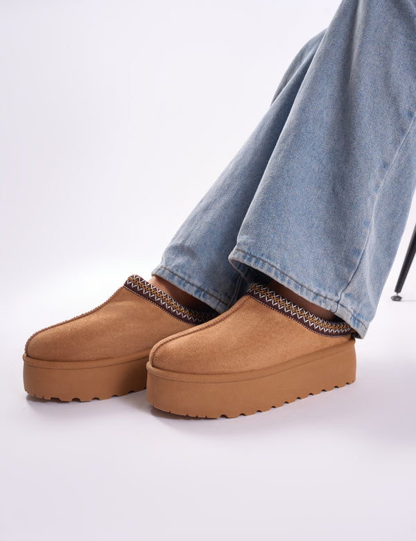 Public Desire Nutmeg Chestnut Faux Fur Lined Platform Mules