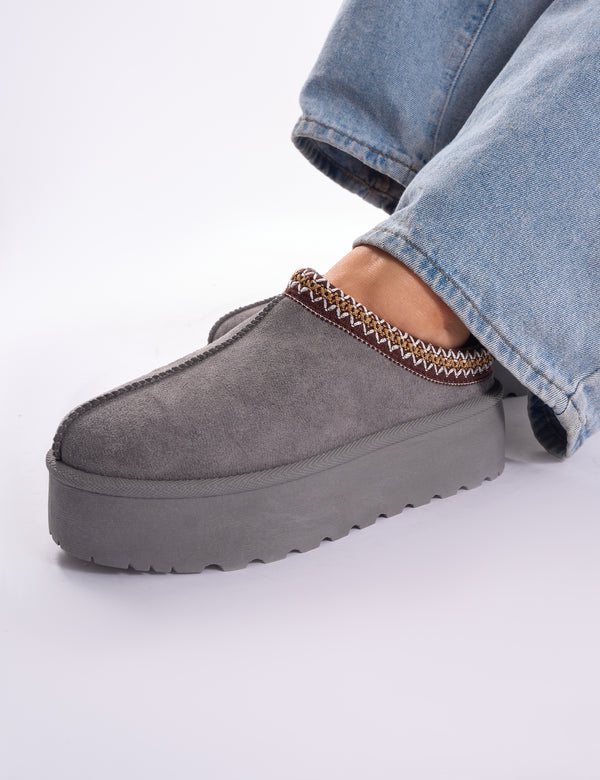 Public Desire Nutmeg Grey Faux Fur Lined Platform Mules