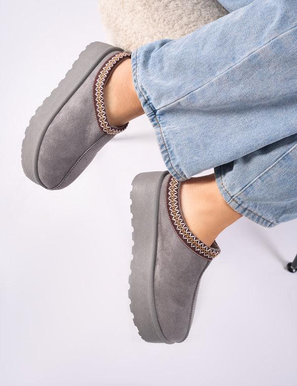 Public Desire Nutmeg Grey Faux Fur Lined Platform Mules