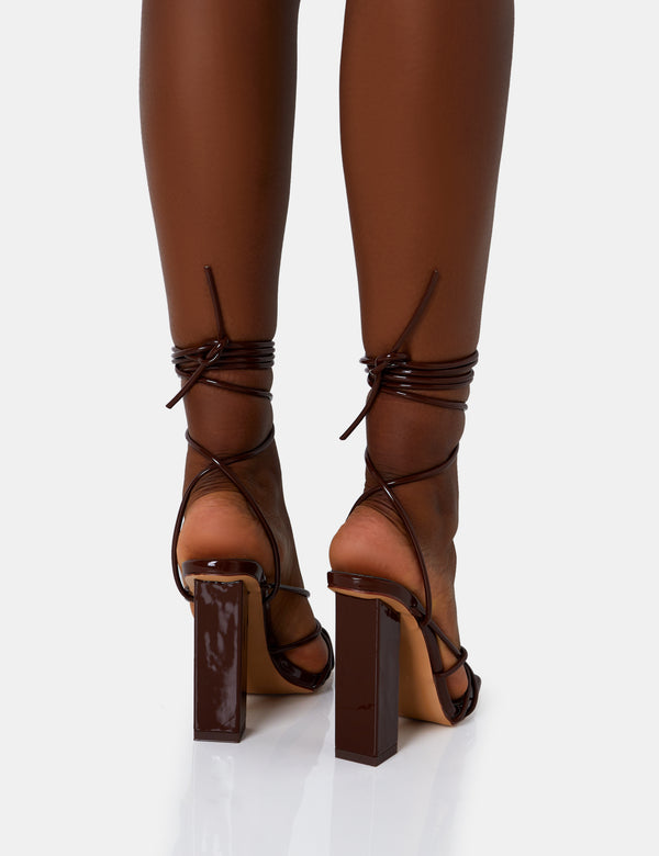 Public Desire Nyla Chocolate Patent Strappy Lace Up Square Toe Block Heels