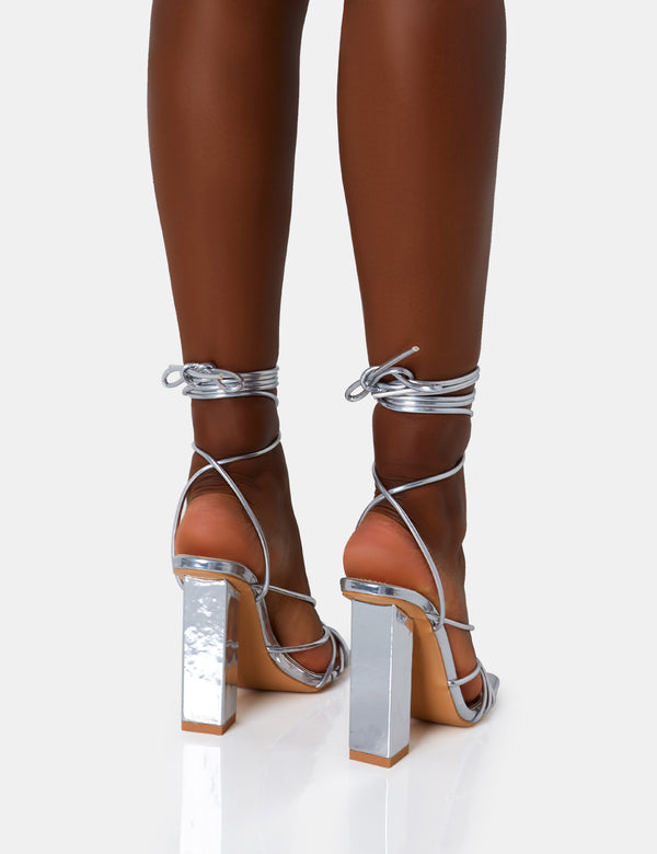 Public Desire Nyla Wide Fit Silver Mirror Strappy Lace Up Square Toe Block Heels