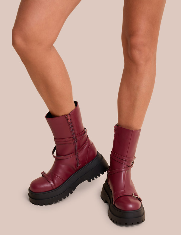 Public Desire Odessa Burgundy Multi Strap Detail Chunky Sole Ankle Boots