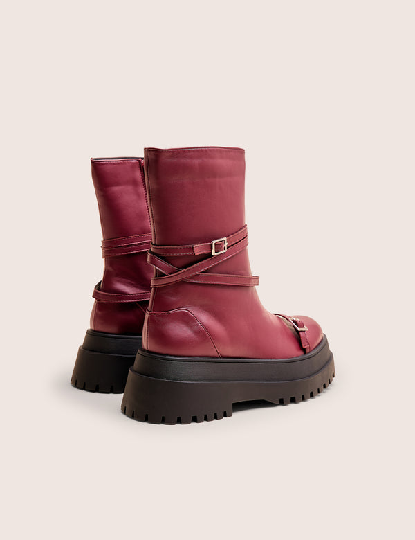 Public Desire Odessa Burgundy Multi Strap Detail Chunky Sole Ankle Boots