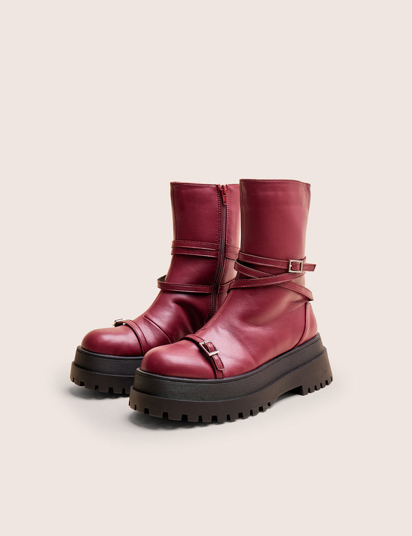 Public Desire Odessa Burgundy Multi Strap Detail Chunky Sole Ankle Boots