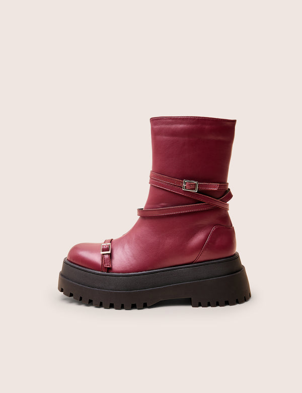 public desire Odessa Burgundy Multi Strap Detail Chunky Sole Ankle Boots