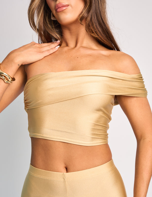 Public Desire One Shoulder Fold Over Crop Top Co Ord Gold