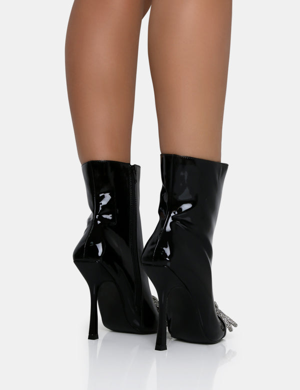 Public Desire Orla Black Patent Diamante Bow Pointed Toe Stiletto Ankle Boots