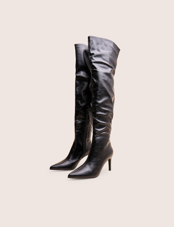 Public Desire Orton Black Pu Over The Knee Mid Heel Pointed Toe Boots