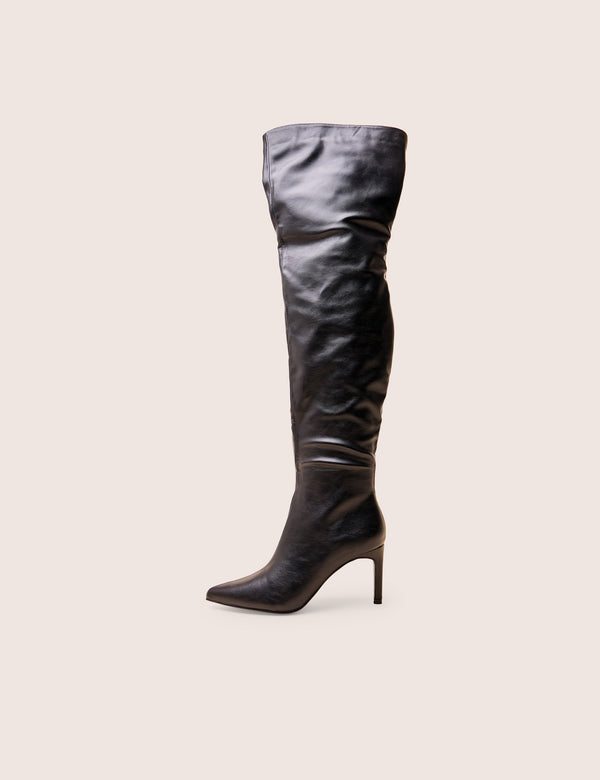 public desire Orton Black Pu Over The Knee Mid Heel Pointed Toe Boots