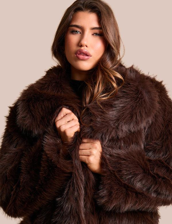 Public Desire Oversized Collar Faux Fur Jacket Chocolate