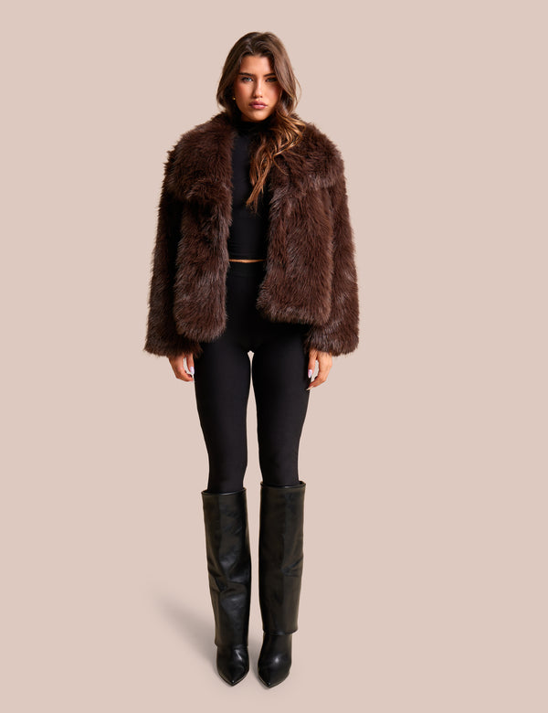 Public Desire Oversized Collar Faux Fur Jacket Chocolate