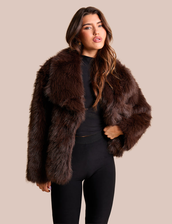 public desire Oversized Collar Faux Fur Jacket Chocolate