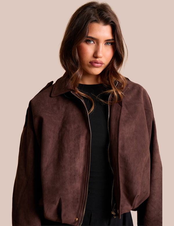 Public Desire Oversized Faux Suede Bomber Jacket Chocolate