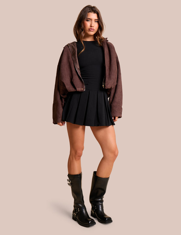 Public Desire Oversized Faux Suede Bomber Jacket Chocolate