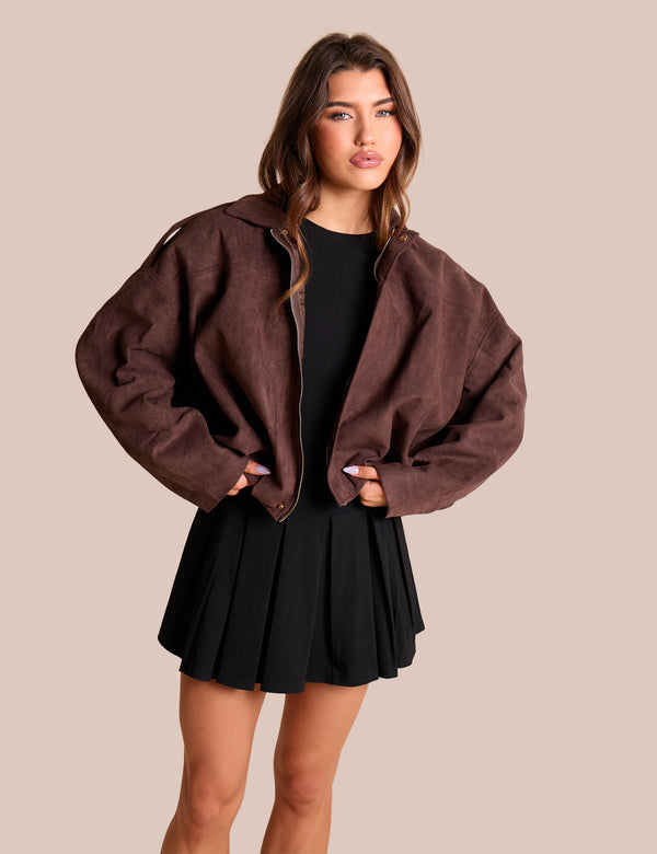 public desire Oversized Faux Suede Bomber Jacket Chocolate
