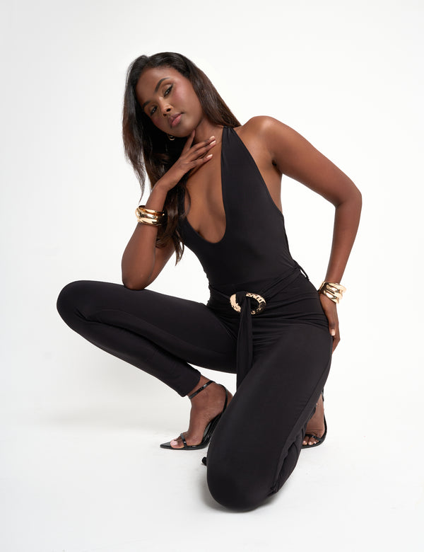 Public Desire Plunge Neck Belted Slinky Jumpsuit Black
