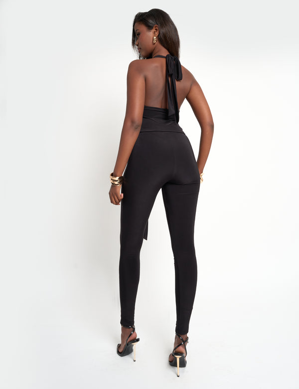 Public Desire Plunge Neck Belted Slinky Jumpsuit Black