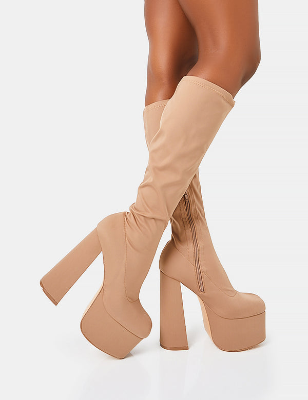 Public Desire Polished Taupe Nylon Platform Rounded Block Heeled Knee High Boots