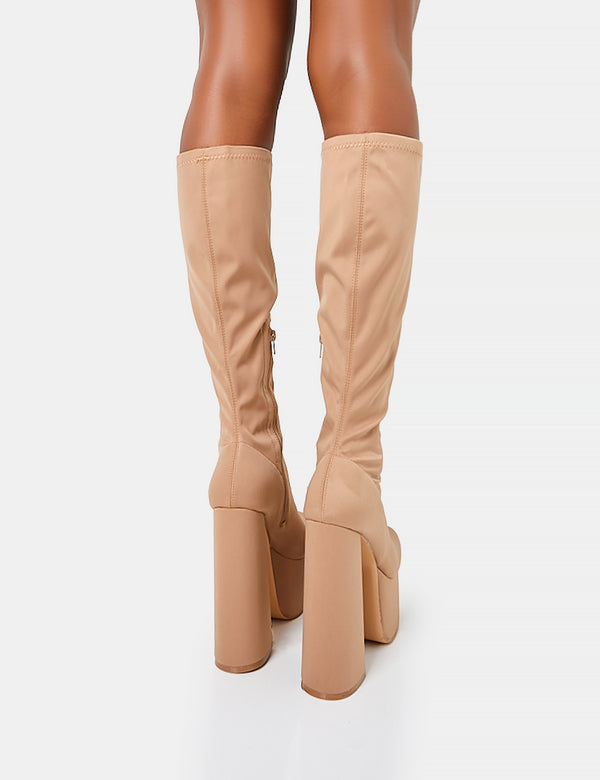 Public Desire Polished Taupe Nylon Platform Rounded Block Heeled Knee High Boots