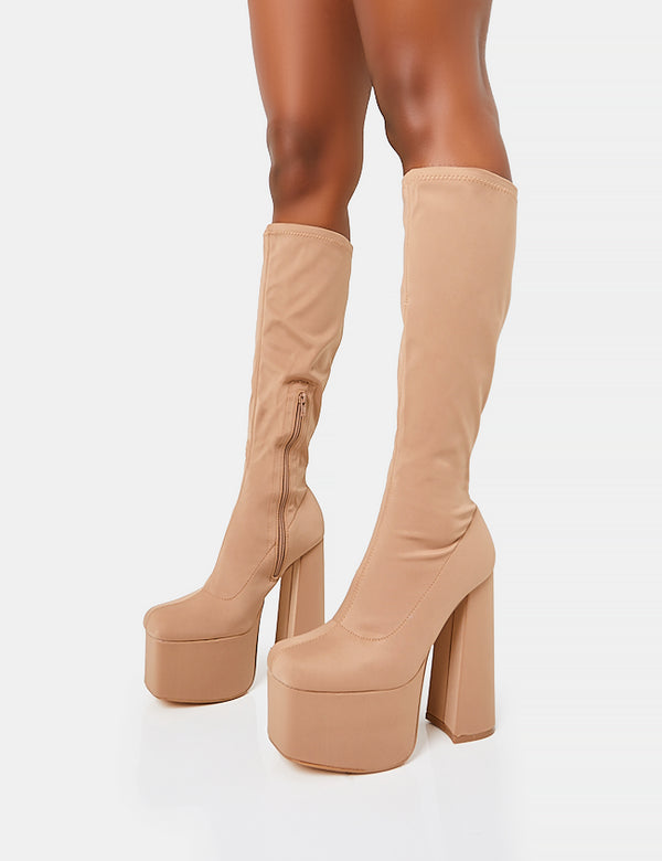 Public Desire Polished Taupe Nylon Platform Rounded Block Heeled Knee High Boots