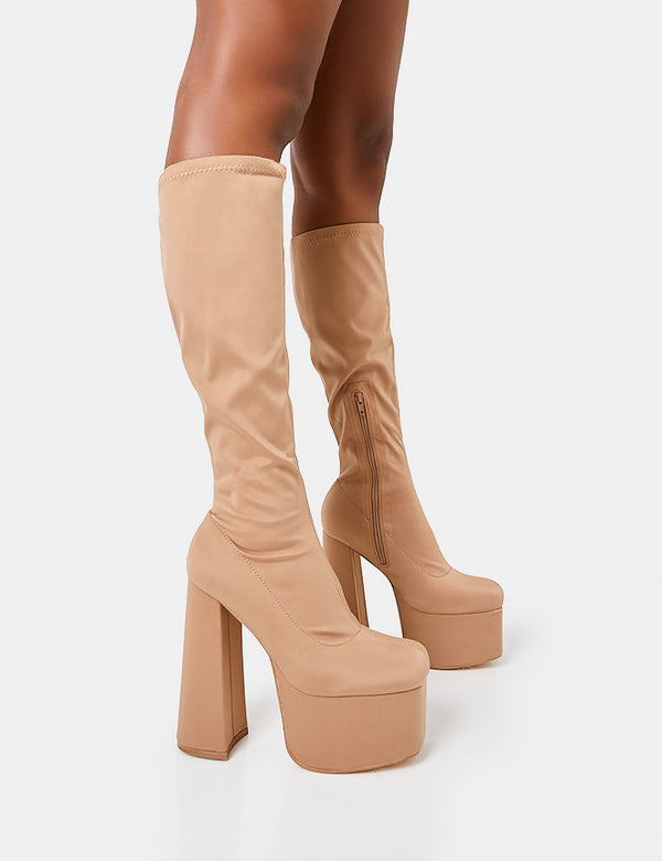 public desire Polished Taupe Nylon Platform Rounded Block Heeled Knee High Boots