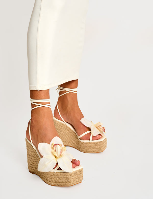 Public Desire Poolparty Cream 3-D Floral Lace Up Jute Wedges