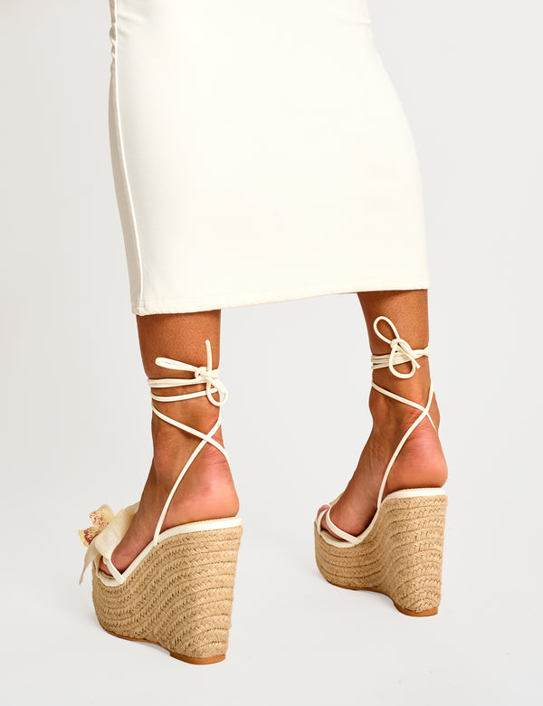 Public Desire Poolparty Cream 3-D Floral Lace Up Jute Wedges