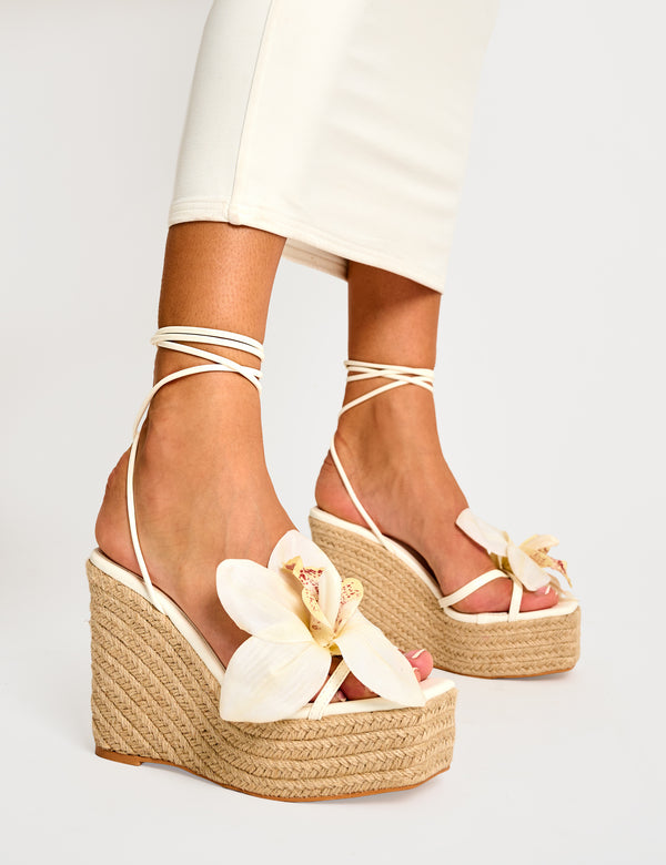 public desire Poolparty Cream 3-D Floral Lace Up Jute Wedges