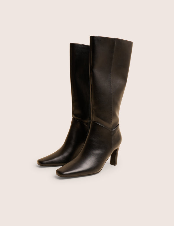 Public Desire Pose Black Pu Zip Up Knee High Slim Block Heeled Boots
