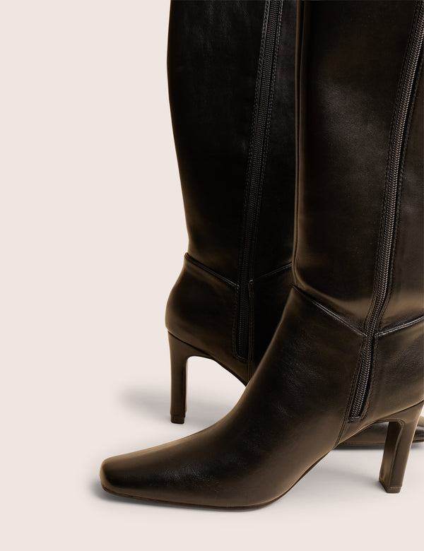 Public Desire Pose Black Pu Zip Up Knee High Slim Block Heeled Boots