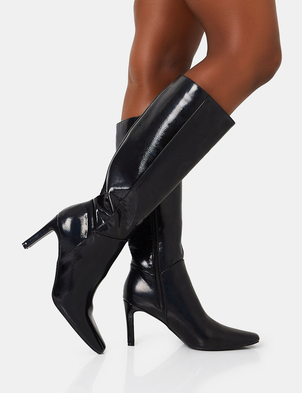 Public Desire Pose Black Textured Pu Zip Up Knee High Slim Block Heeled Boots