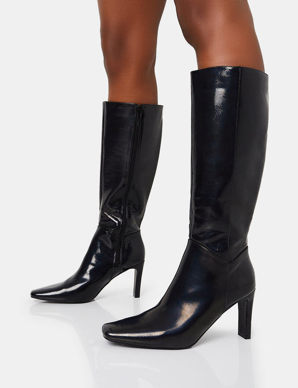 Public Desire Pose Black Textured Pu Zip Up Knee High Slim Block Heeled Boots