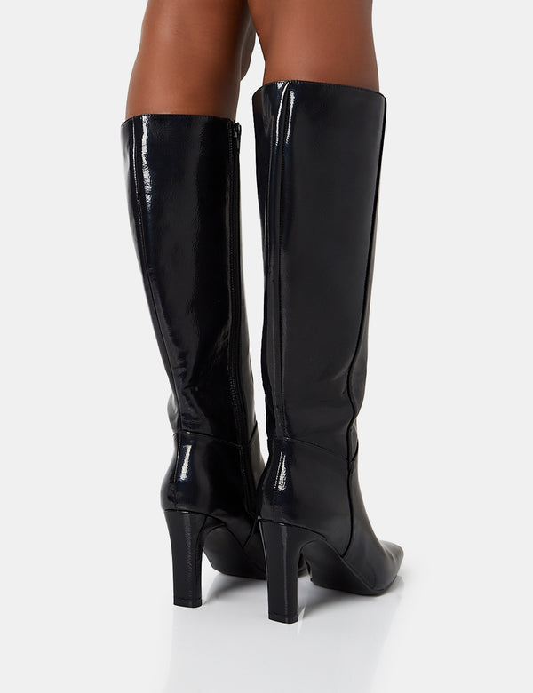 Public Desire Pose Black Textured Pu Zip Up Knee High Slim Block Heeled Boots
