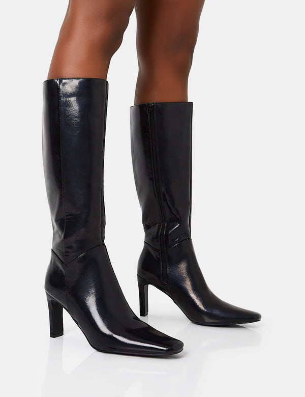 public desire Pose Black Textured Pu Zip Up Knee High Slim Block Heeled Boots