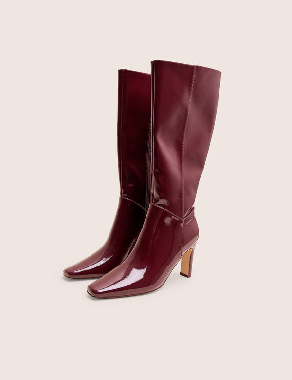 Public Desire Pose Burgundy Hi Shine Zip Up Knee High Slim Block Heeled Boots
