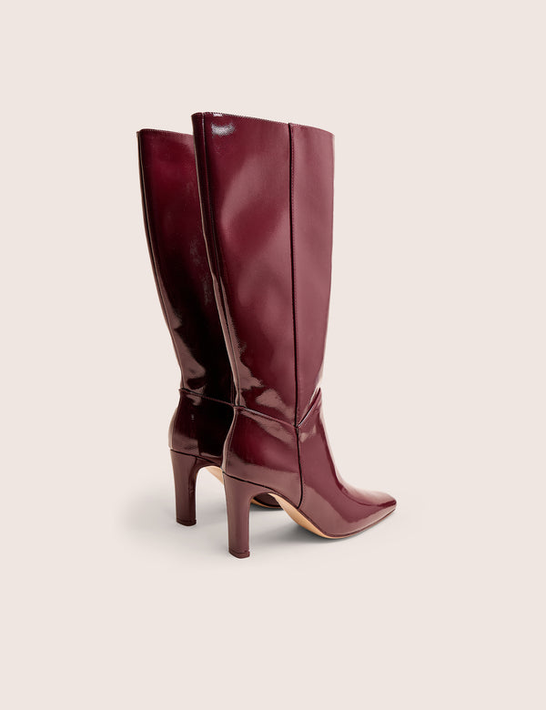 Public Desire Pose Burgundy Hi Shine Zip Up Knee High Slim Block Heeled Boots