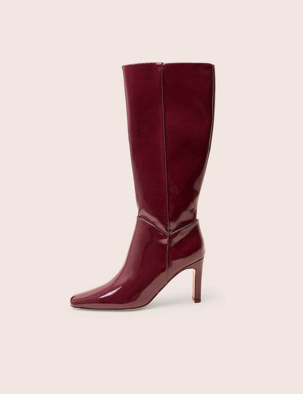 public desire Pose Burgundy Hi Shine Zip Up Knee High Slim Block Heeled Boots