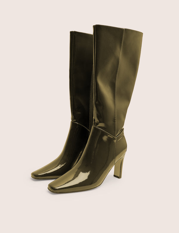 Public Desire Pose Dark Green Zip Up Knee High Slim Block Heeled Boots