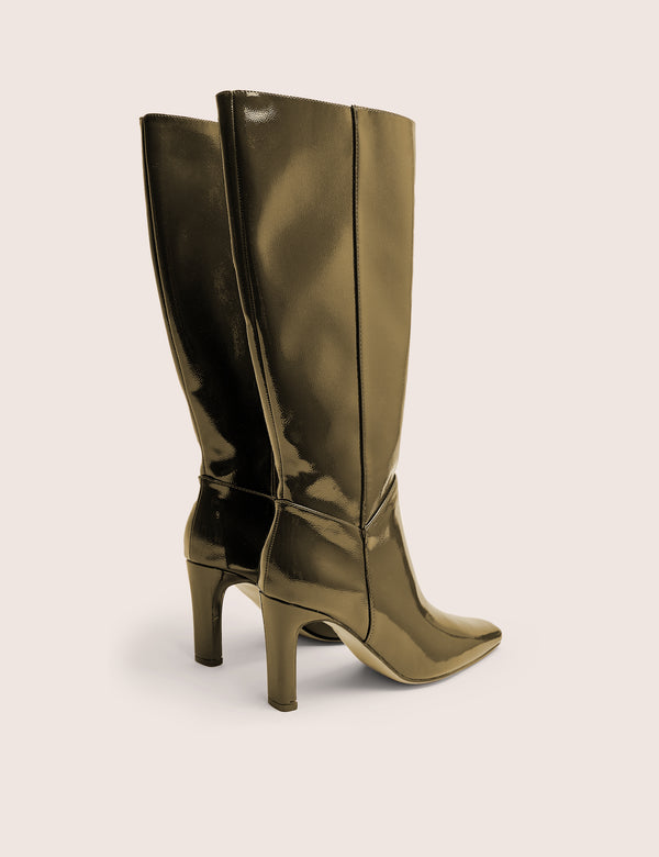 Public Desire Pose Dark Green Zip Up Knee High Slim Block Heeled Boots