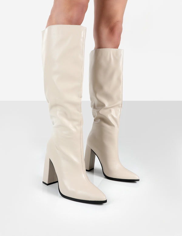 public desire Posie Stone Pu Knee High Block Heel Boots
